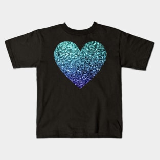 Teal and Dark Blue Ombre Faux Glitter Heart Kids T-Shirt